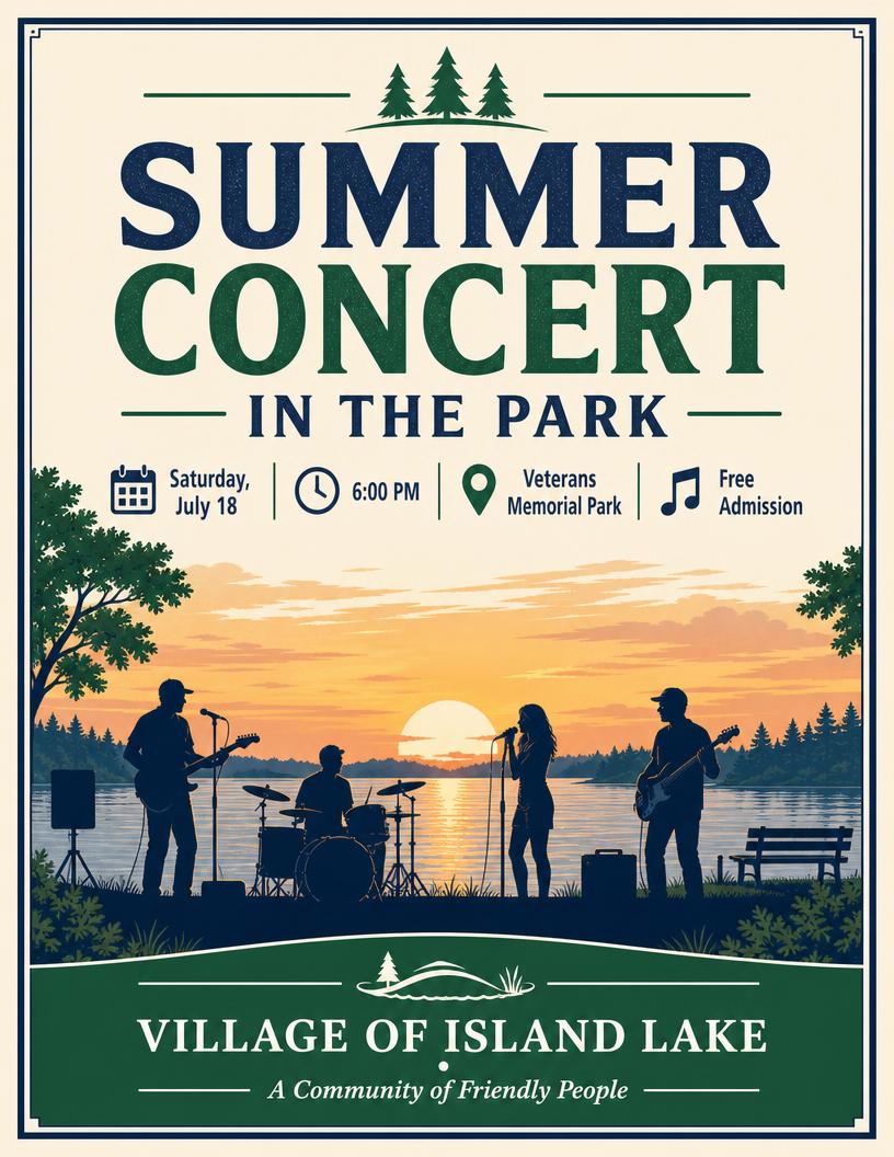 Summer Concert in the Park flyer — Saturday, July 18 at 6:00 PM, Veterans Memorial Park, free admission
