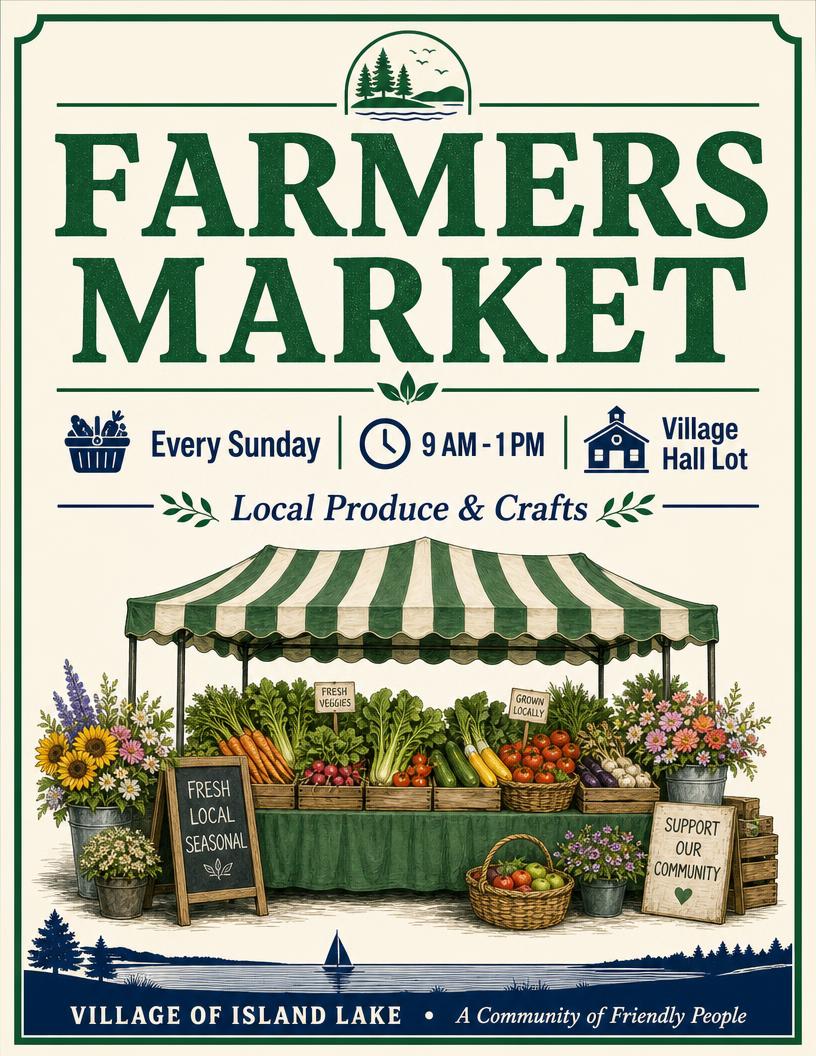 Farmers Market flyer — every Sunday 9 AM to 1 PM at the Village Hall lot