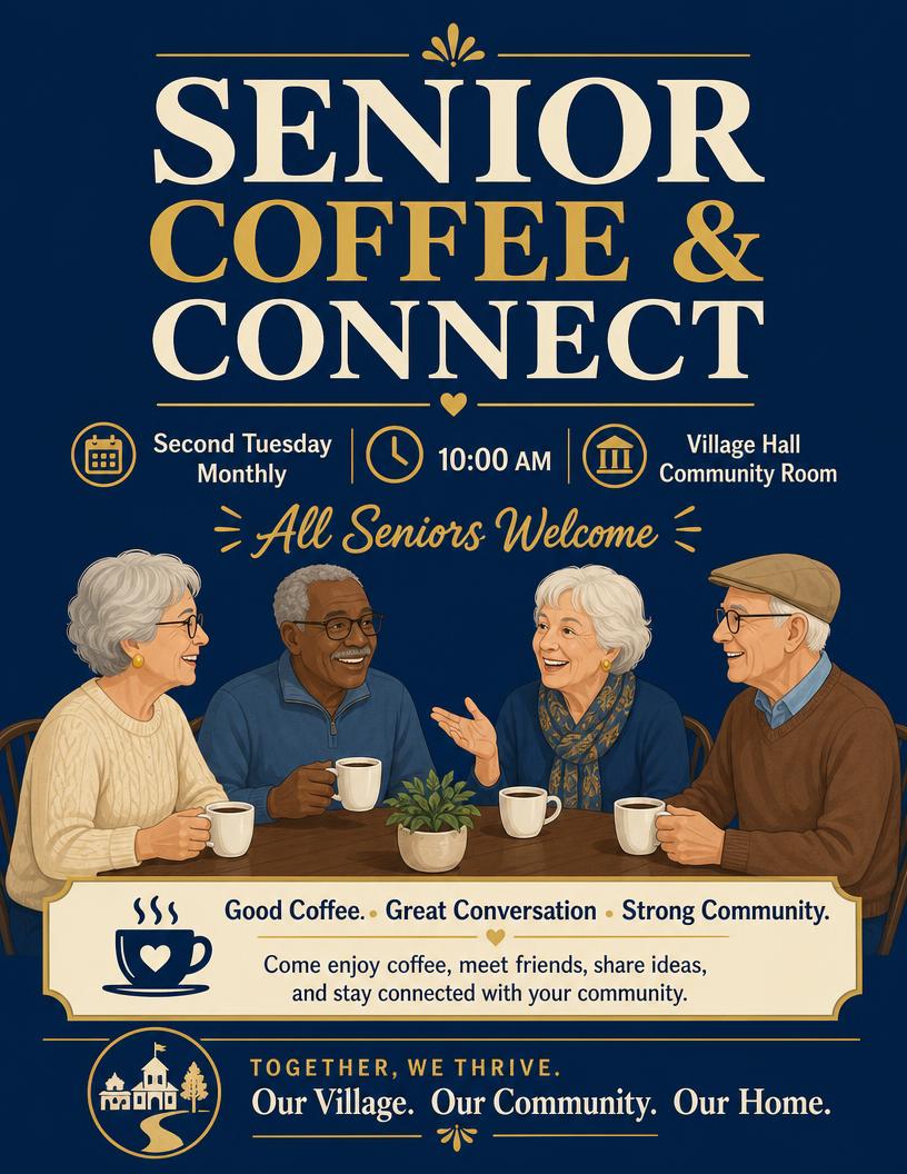 Senior Coffee & Connect flyer — second Tuesday monthly at 10:00 AM in the Village Hall Community Room